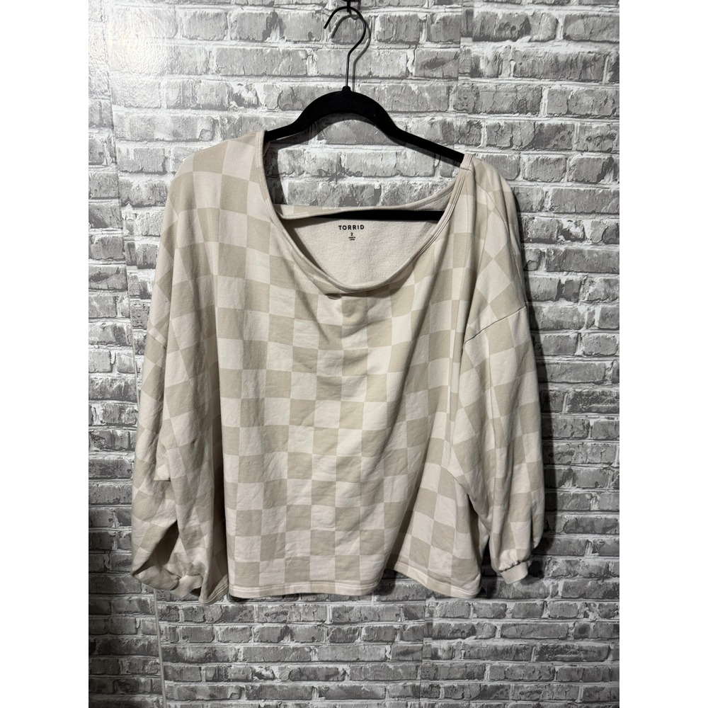 Torrid Beige Checkered Scoop Neck Oversized Sweatshirt Plus Size 2 2X